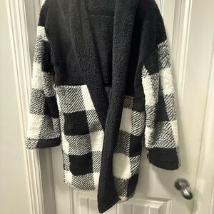 SHEIN Black and White Plaid Sherpa/ Soft Fleece Cardigan